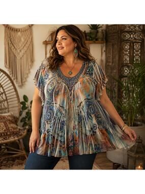 Unity Boho Sequin Womens Top Sz 3X Paisley Festival Beaded Hippie Chic Artsy